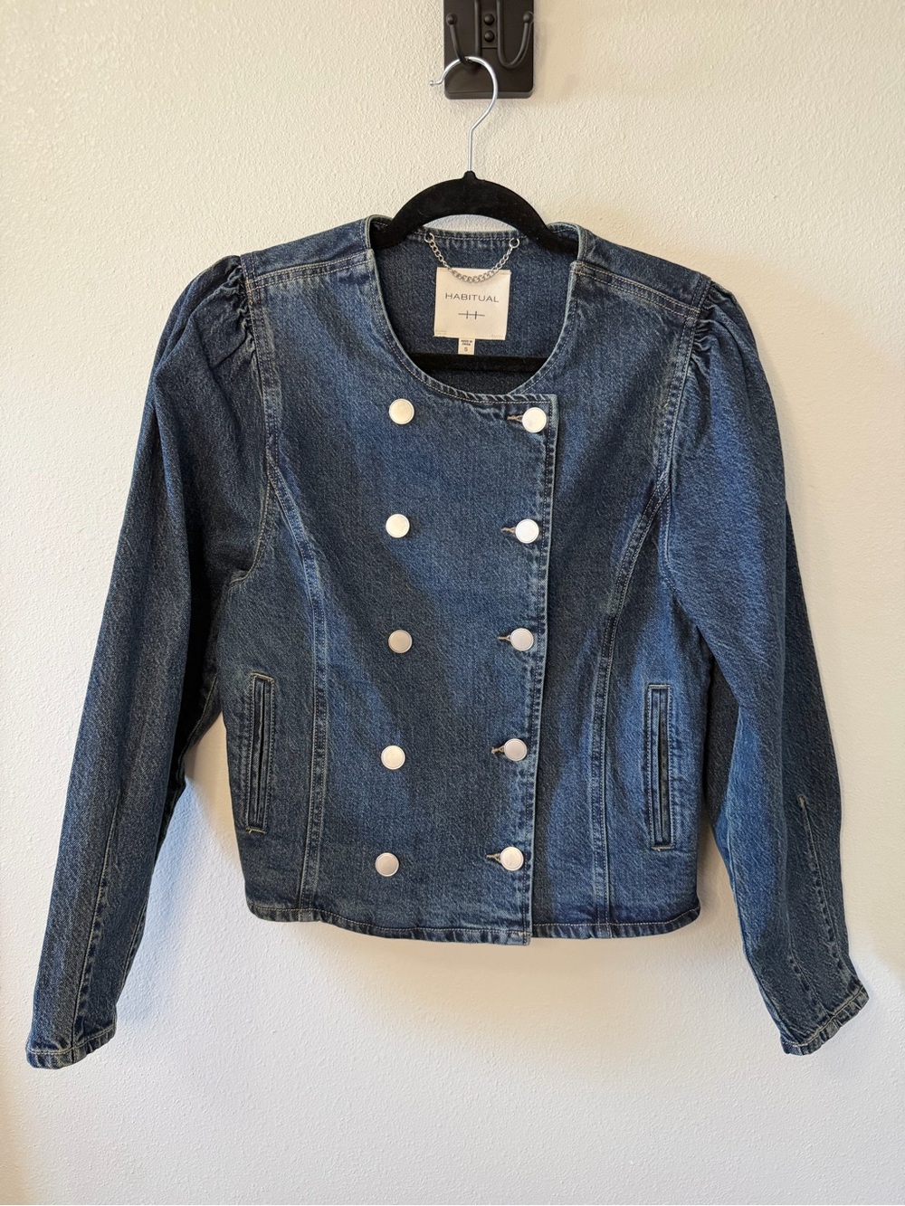Habitual Double Breasted Denim Jacket Puff Sleeve Medium Wash Blue Size S